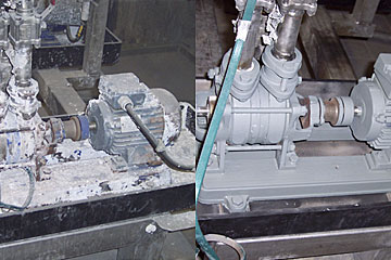 Links: der verschmutzte Elektromotor. Rechts: der gereinigte und lackierte Motor